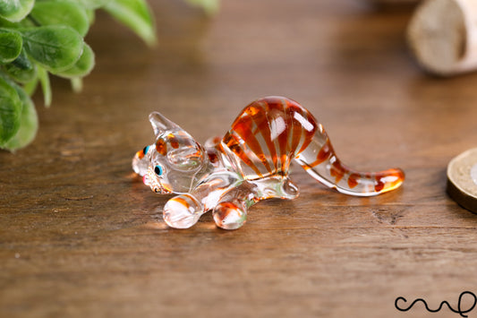 NEW Small Tiny Handmade Clear Glass Ginger Stripy Cat Gloss Decor Terrarium Gift