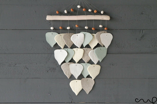 Handmade Garden Hanging Ceramic Windchime 4 Tier Leaves Green Natural Gift B18