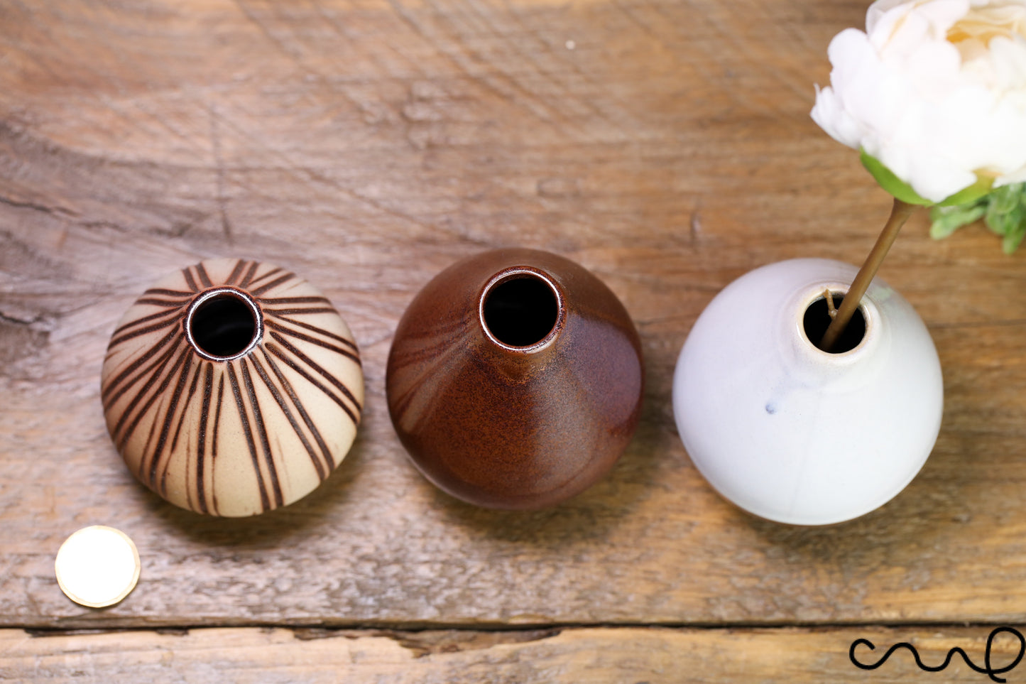 Set of 3 Handmade Ceramic Bud Vase Set: Brown & White Pottery Vessels