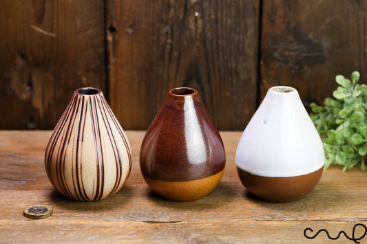 Set of 3 Handmade Ceramic Bud Vase Set: Brown & White Pottery Vessels