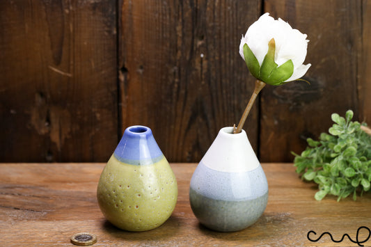 Set of 2 Handmade Ceramic Bud Vases Blue and Green Glazed Stoneware Pottery Home Decor
