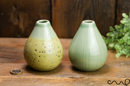 Handmade Green Ceramic Bud Vases - Set of 2 - Spotty & Patterned