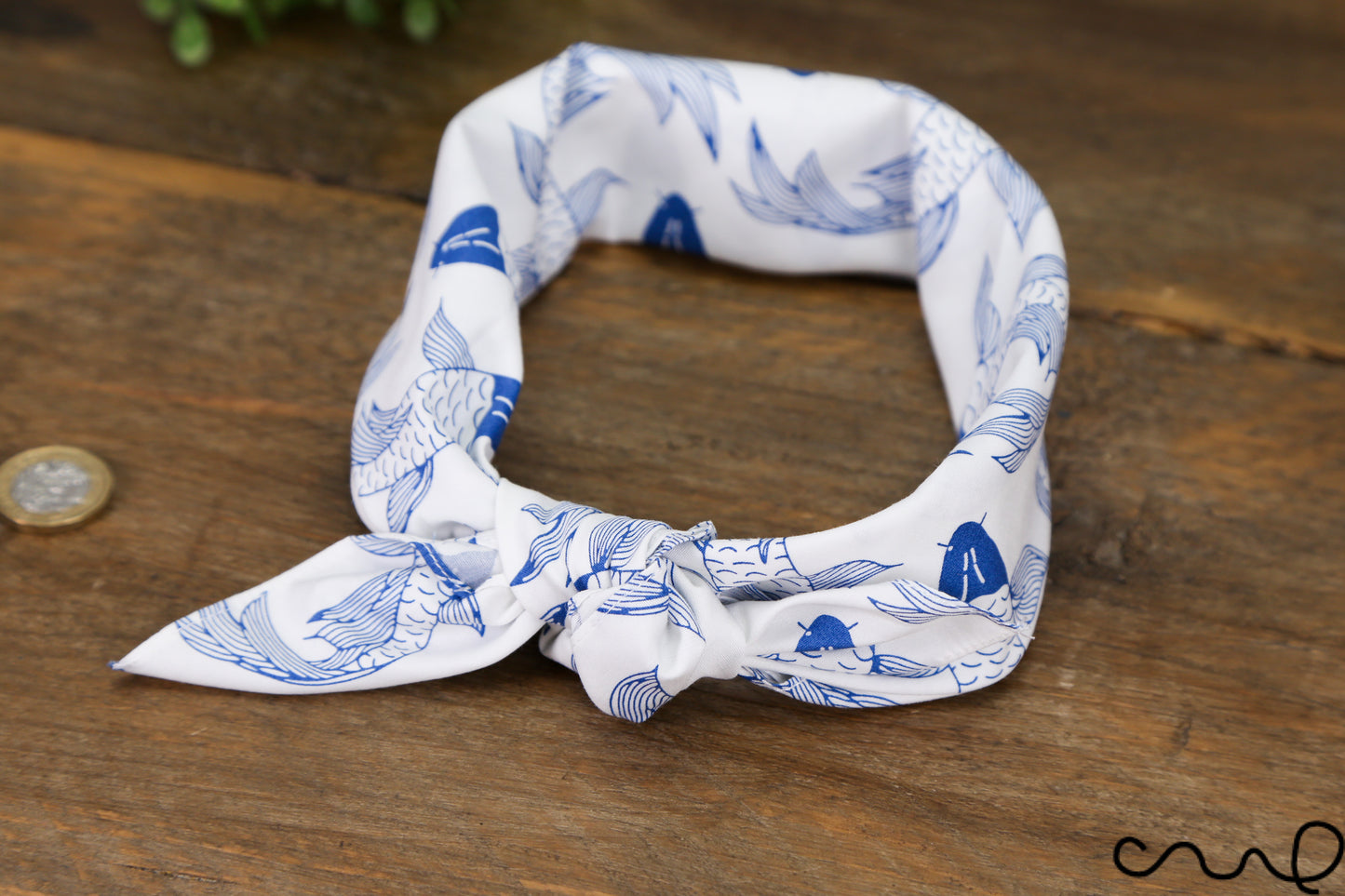 Handmade Cotton Blue & White Koi Fish Bandana Unique Headband Neck Scarf Gift AH