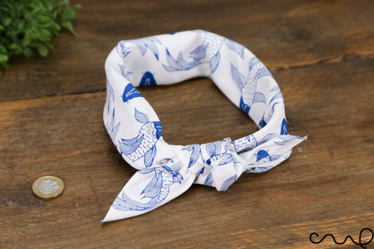 Handmade Cotton Blue & White Koi Fish Bandana Unique Headband Neck Scarf Gift AH