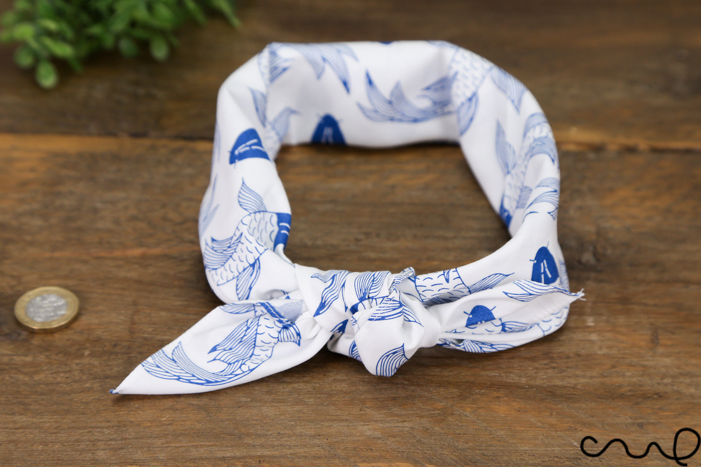 Handmade Cotton Blue & White Koi Fish Bandana Unique Headband Neck Scarf Gift AH