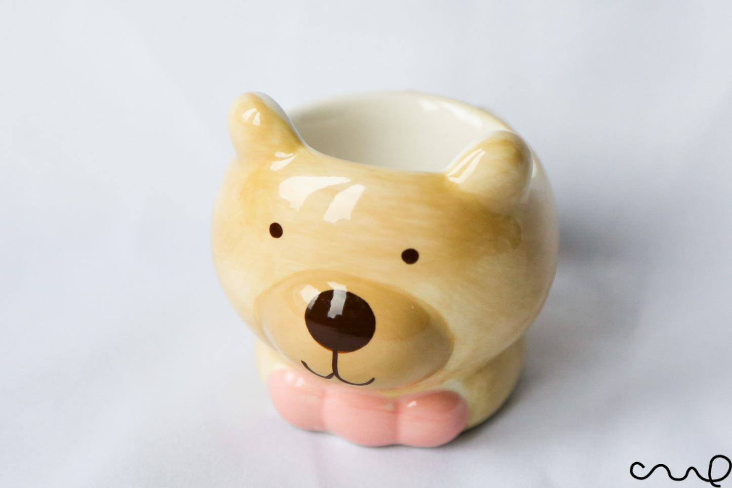 Hand Painted Ceramic Pink Bow Brown Bear Egg Cups White Breakfast Serving