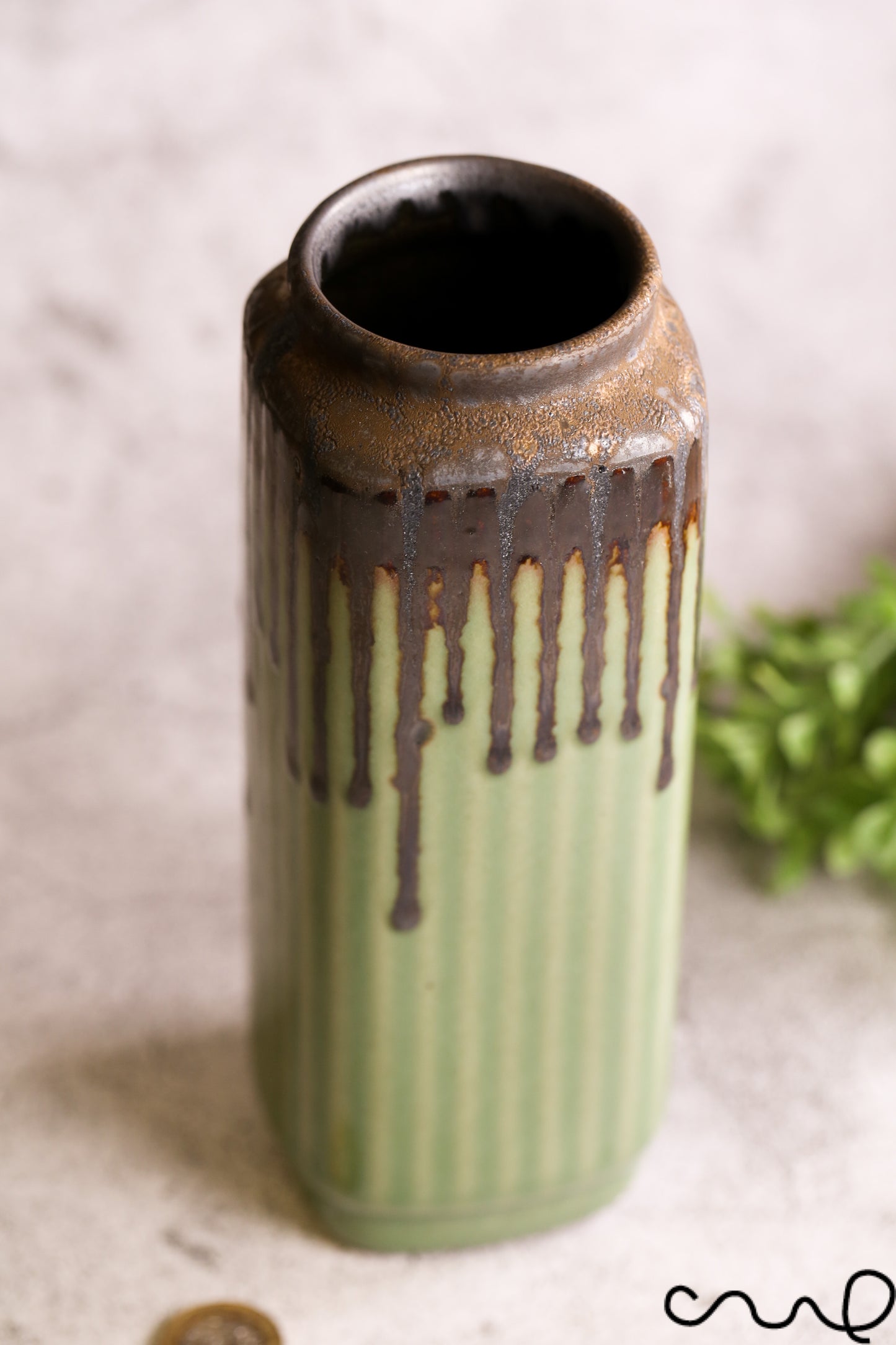 Green Ceramic Vase: Hand-Painted Square Oblong Home Decor