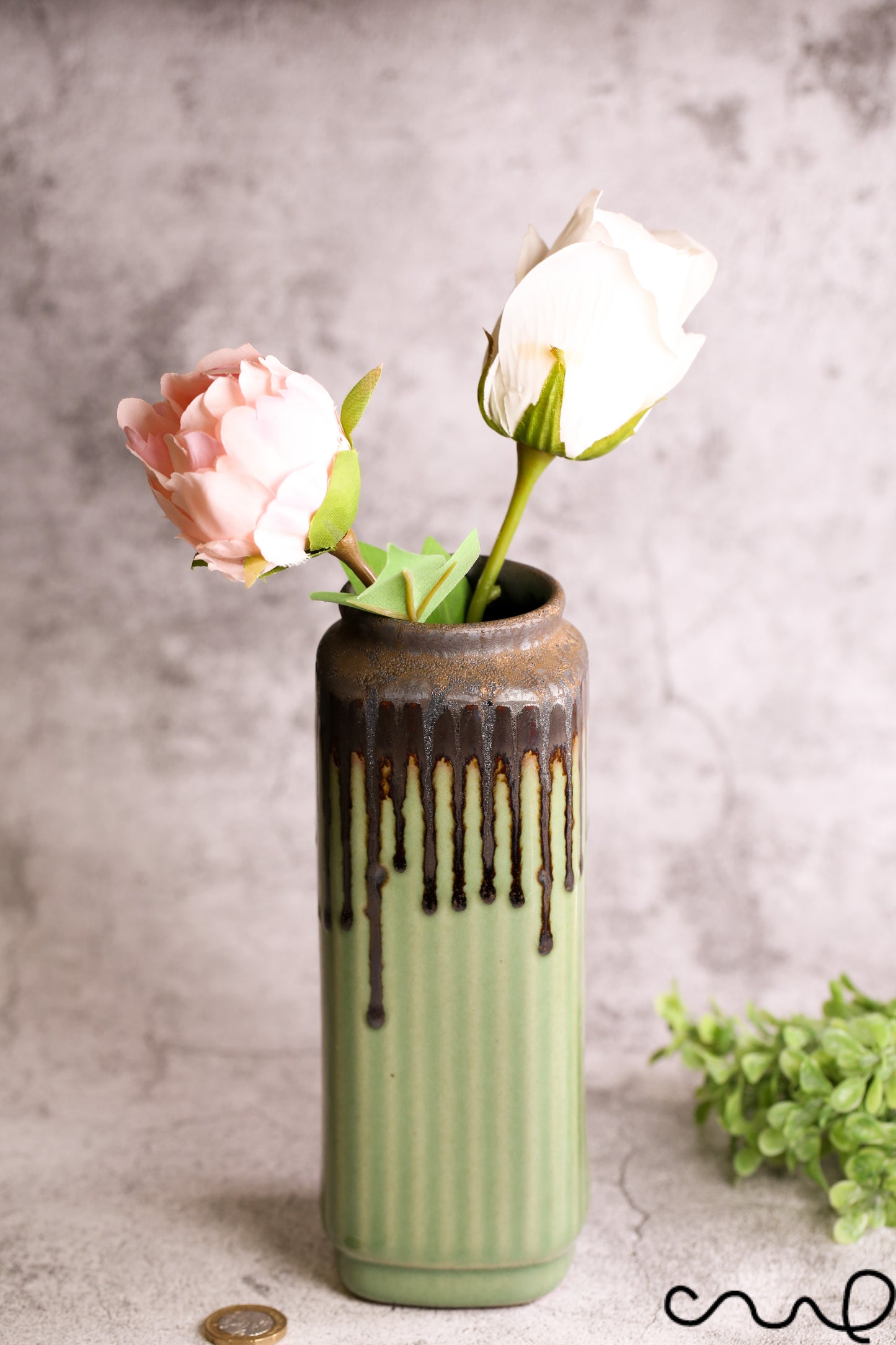 Green Ceramic Vase: Hand-Painted Square Oblong Home Decor