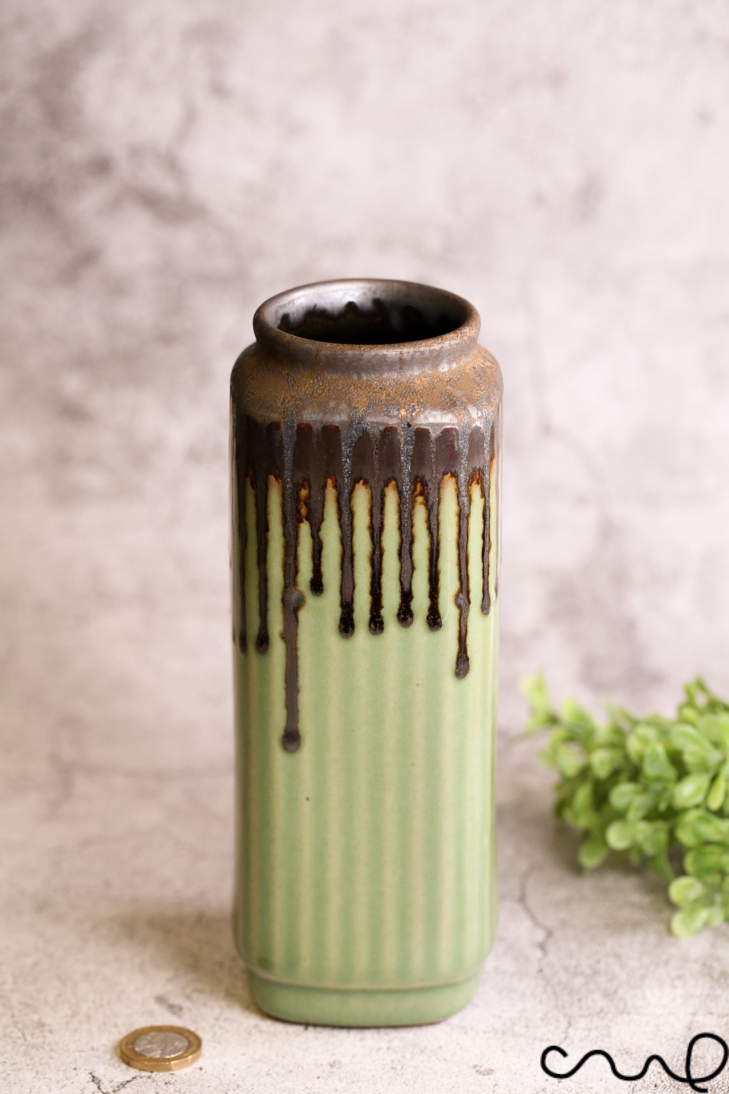 Green Ceramic Vase: Hand-Painted Square Oblong Home Decor