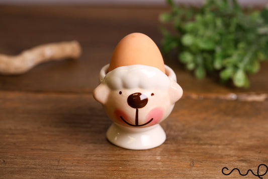 Handmade Sheep Egg Cups Ceramic Hand Painted Brown Nose White Breakfast Serving