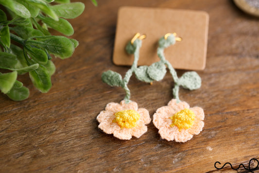 Handmade Earrings Hand Crocheted Dropping Flower Peach Colour Daisy