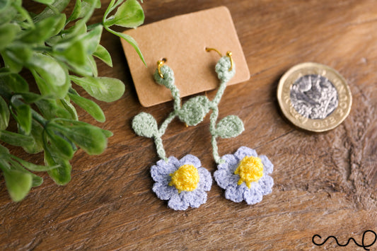 Handmade Earrings Hand Crocheted Dropping Flower Blue Colour Daisy Camomile