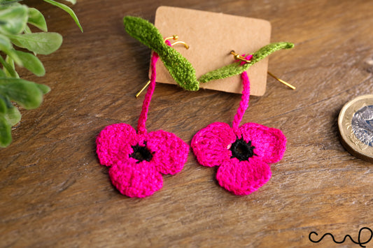 Handmade Earrings Hand Crocheted Dropping Flower Magenta Pink Colour Clover Shape