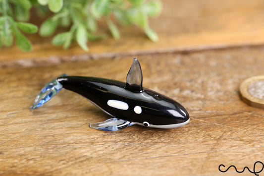 Handmade Glass Orca Gloss Black Terrarium Decor Ornament Gift Killer Whale