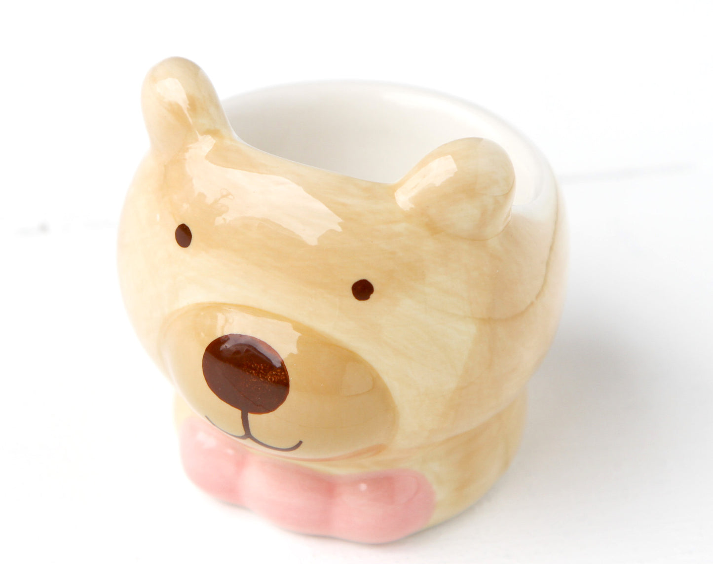 Hand Painted Ceramic Pink Bow Brown Bear Egg Cups White Breakfast Serving