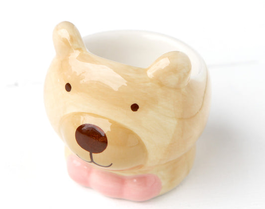 Hand Painted Ceramic Pink Bow Brown Bear Egg Cups White Breakfast Serving