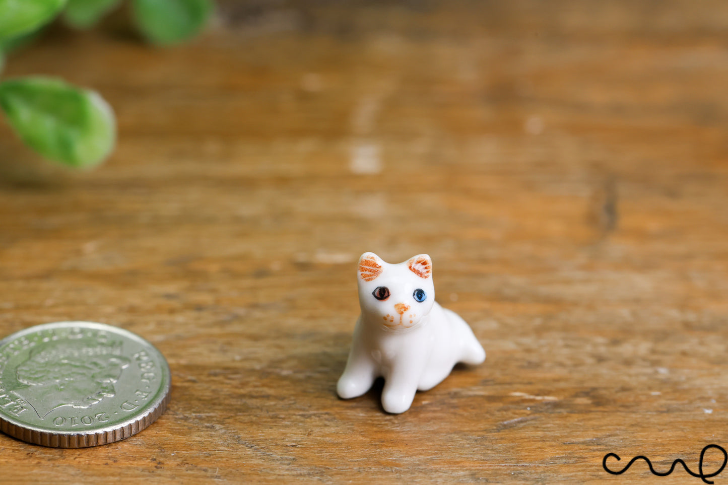 Handmade Ceramic Cat Figurine: Tiny Odd-Eyed White Ornament