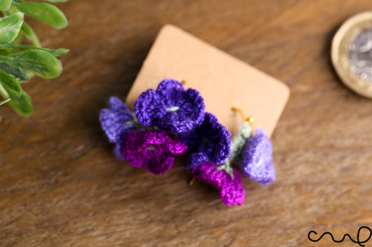 Handmade Earrings Hand Crocheted Drop Earrings Dangle Purple Hydrangea Flower Earrings