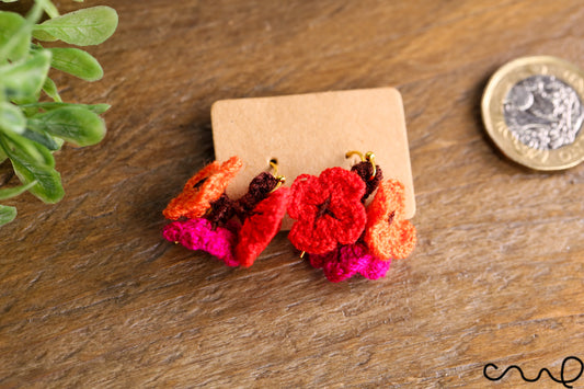 Handmade Earrings Hand Crocheted Drop Earrings Dangle Pink Hydrangea Red Flower Earrings