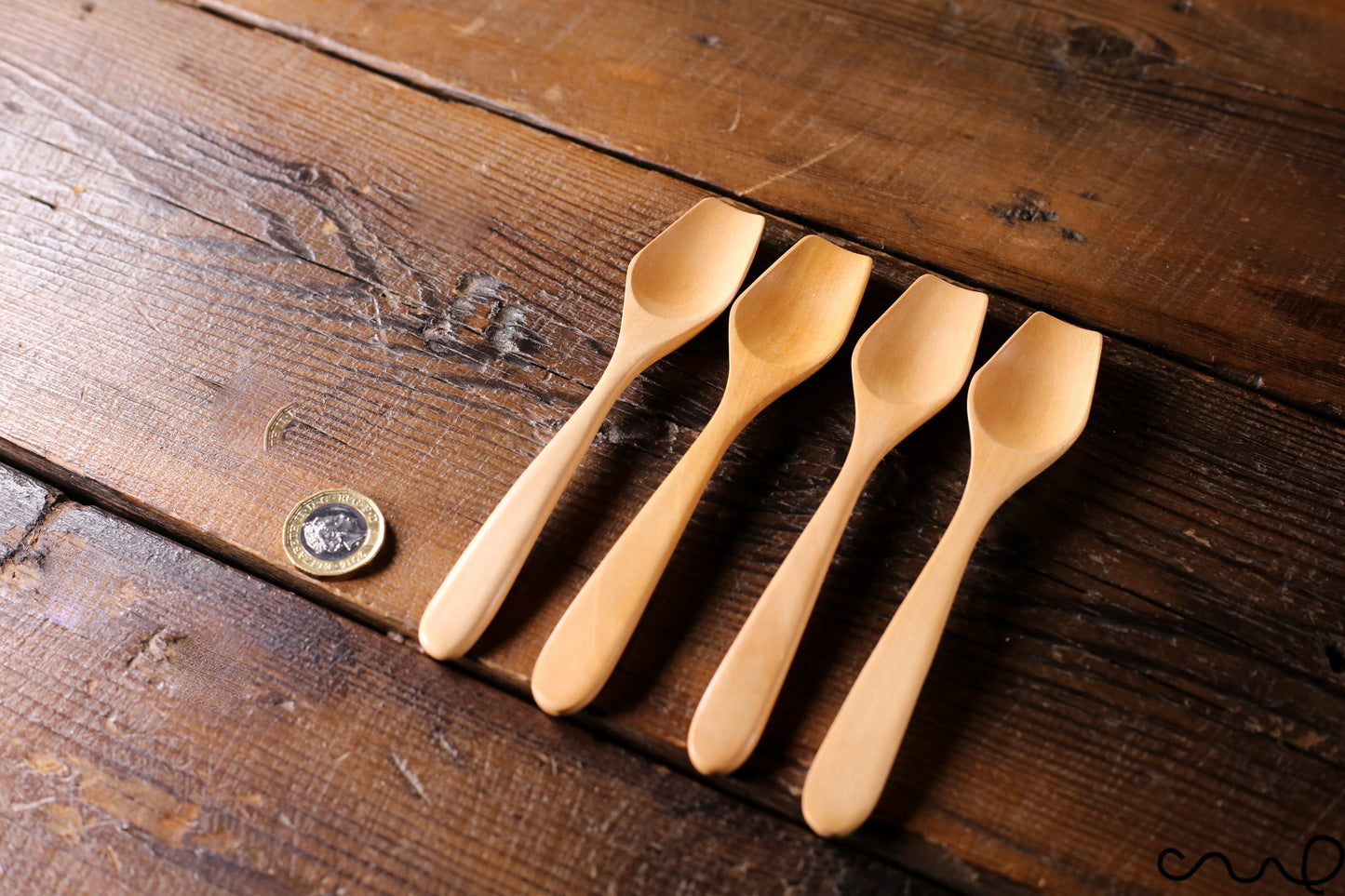 Set of 4 Handmade Wooden Teaspoons: Tapered Head, Light Brown Sugar Spoon