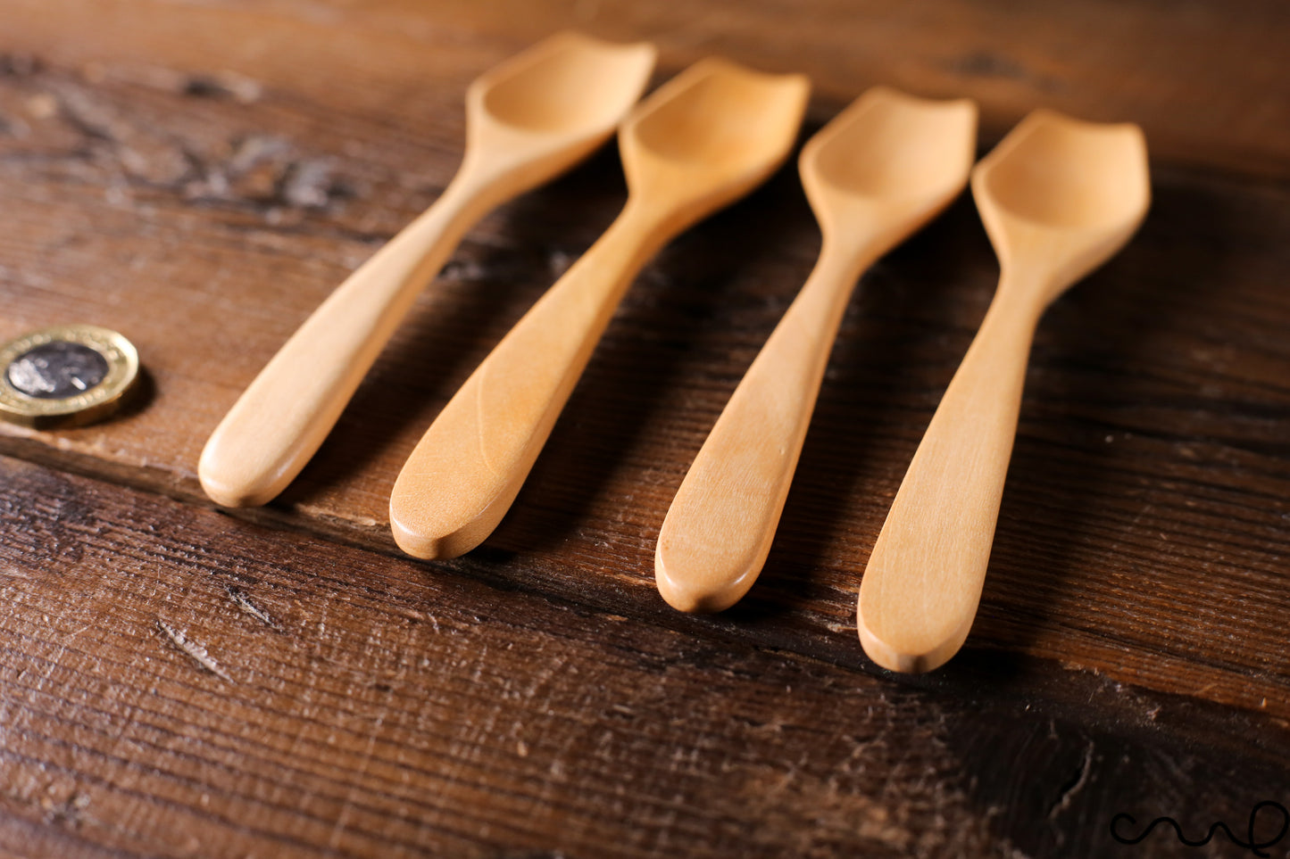 Set of 4 Handmade Wooden Teaspoons: Tapered Head, Light Brown Sugar Spoon