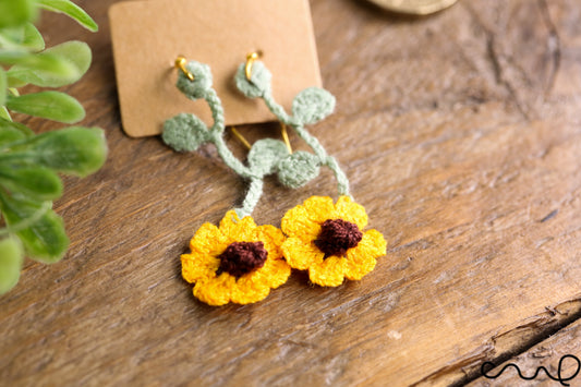 Handmade Earrings Hand Crocheted Drop Hook Earring Flower Yellow Sunflower