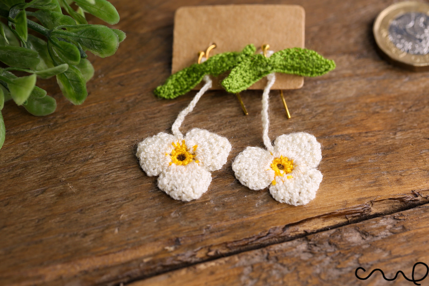 Handmade Earrings Hand Crocheted Dropping Flower White Colour Clover Shape
