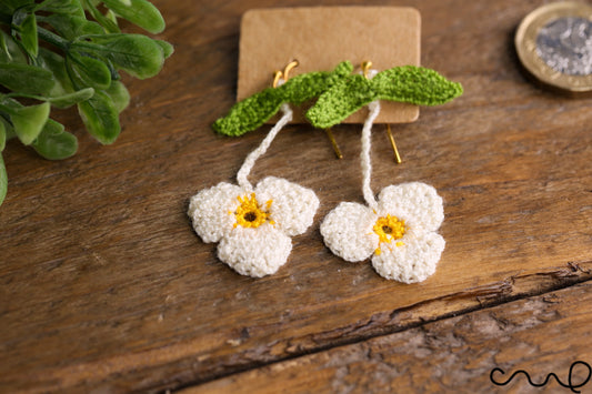 Handmade Earrings Hand Crocheted Dropping Flower White Colour Clover Shape