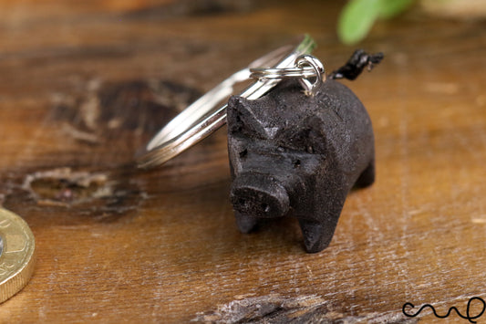 Handmade Wooden Little Black Pig Keyring Key Fob Unique Gift Animal Key Ring Piglet