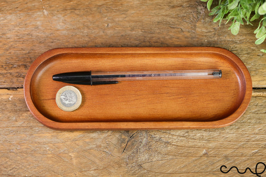 Handmade Small Wooden Oval Key Tray Office Organise Coin Brown Solid Timber
