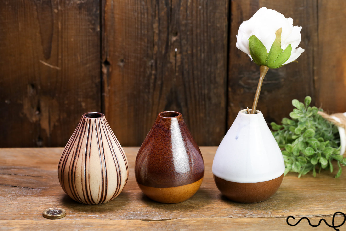 Set of 3 Handmade Ceramic Bud Vase Set: Brown & White Pottery Vessels