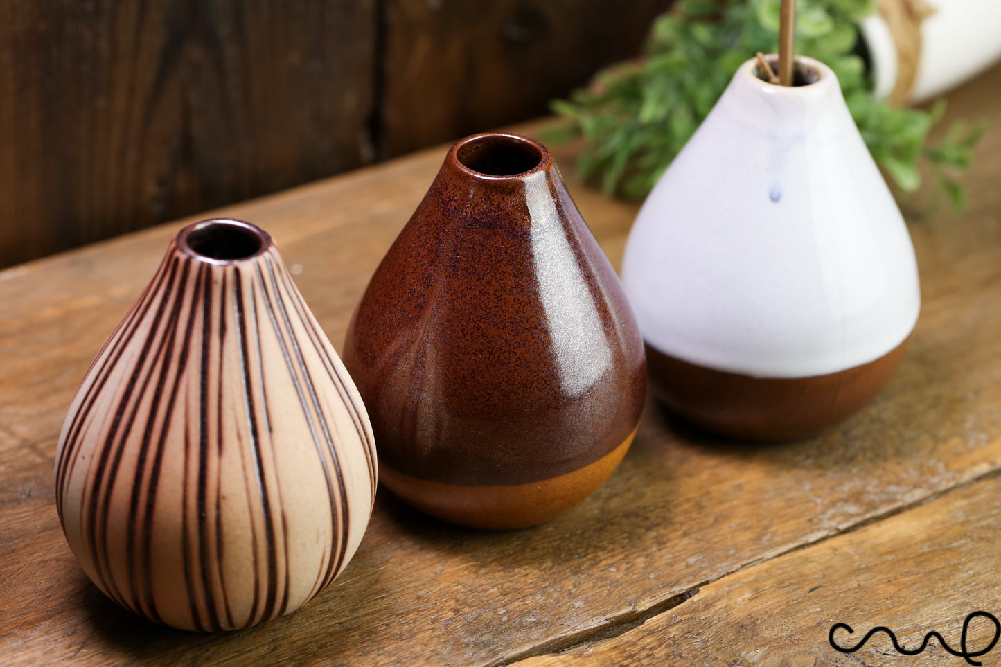 Set of 3 Handmade Ceramic Bud Vase Set: Brown & White Pottery Vessels