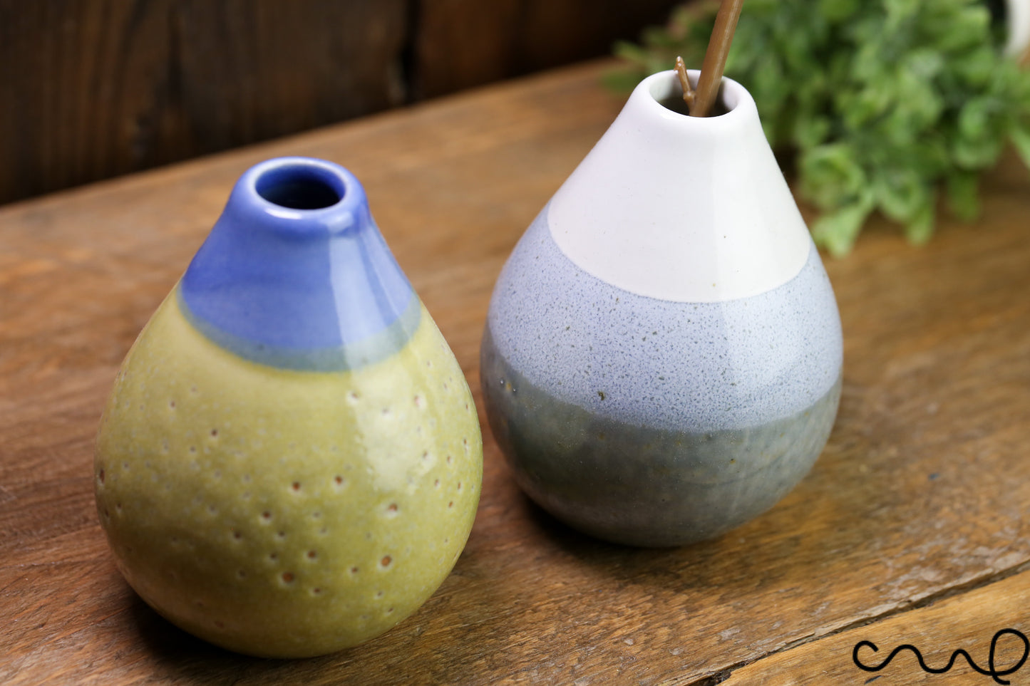 Set of 2 Handmade Ceramic Bud Vases Blue and Green Glazed Stoneware Pottery Home Decor