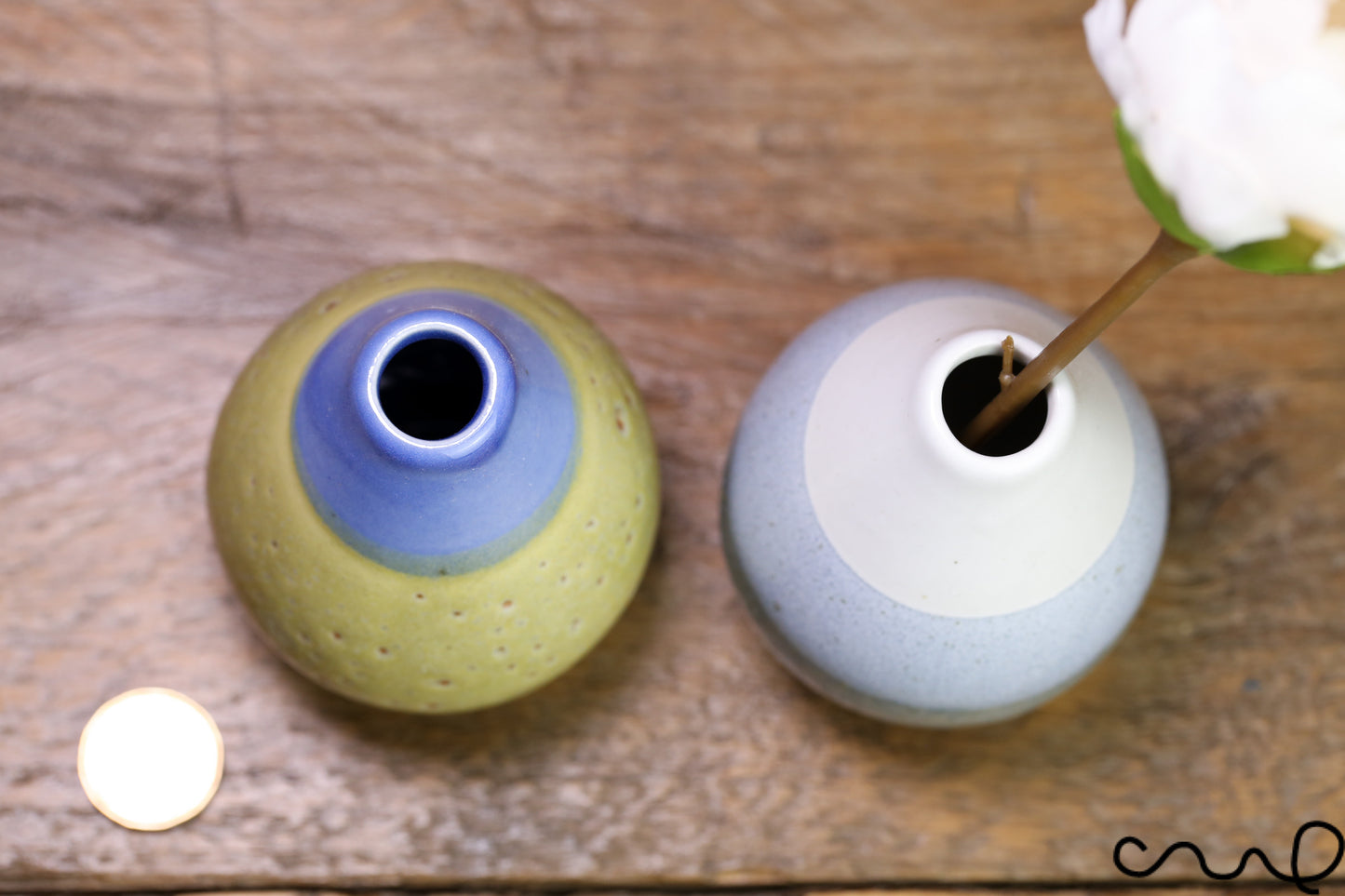 Set of 2 Handmade Ceramic Bud Vases Blue and Green Glazed Stoneware Pottery Home Decor