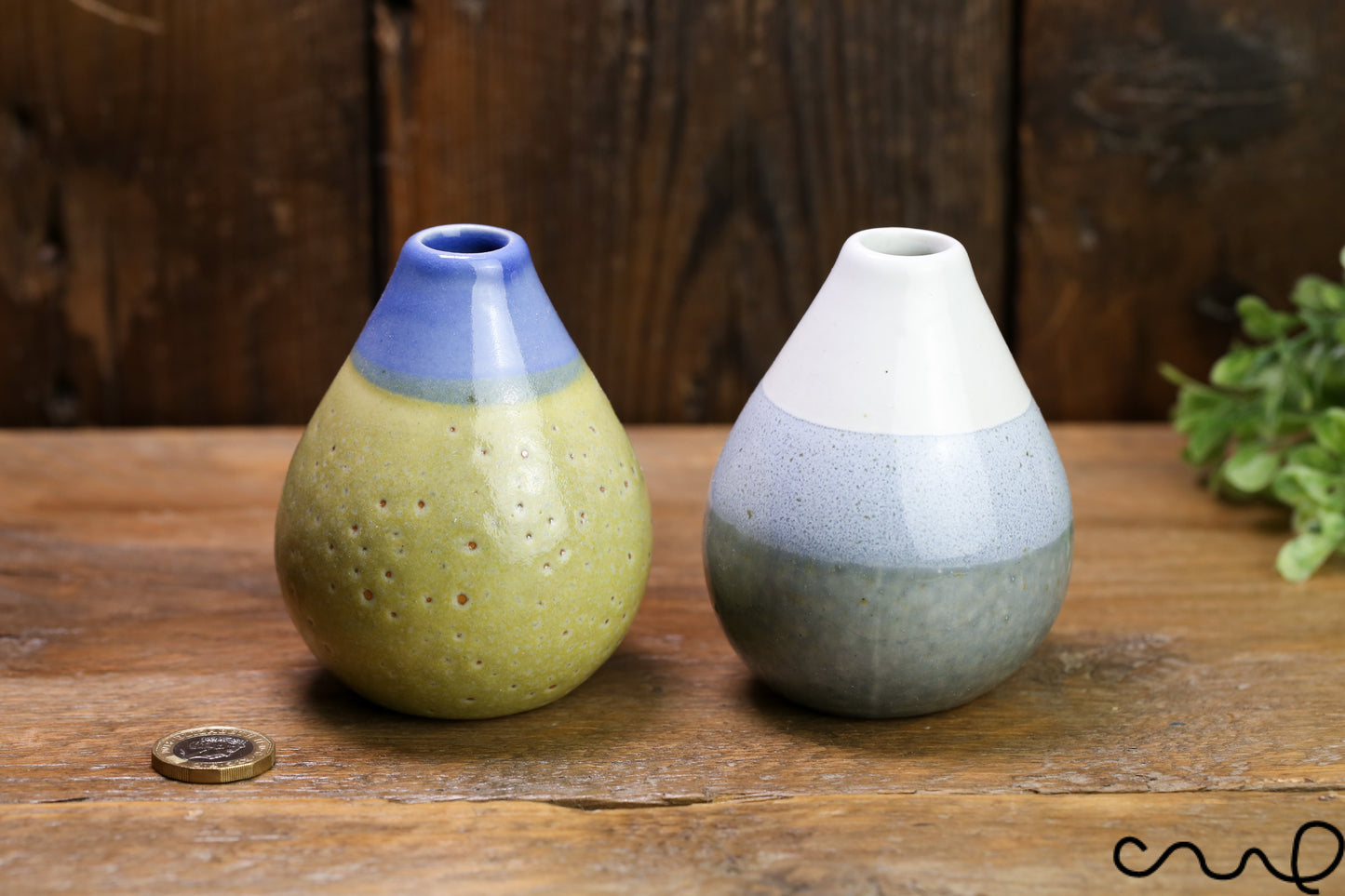 Set of 2 Handmade Ceramic Bud Vases Blue and Green Glazed Stoneware Pottery Home Decor