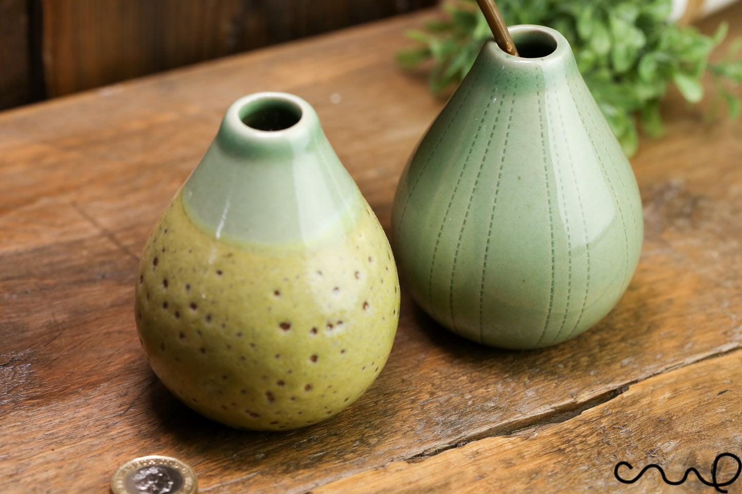 Handmade Green Ceramic Bud Vases - Set of 2 - Spotty & Patterned