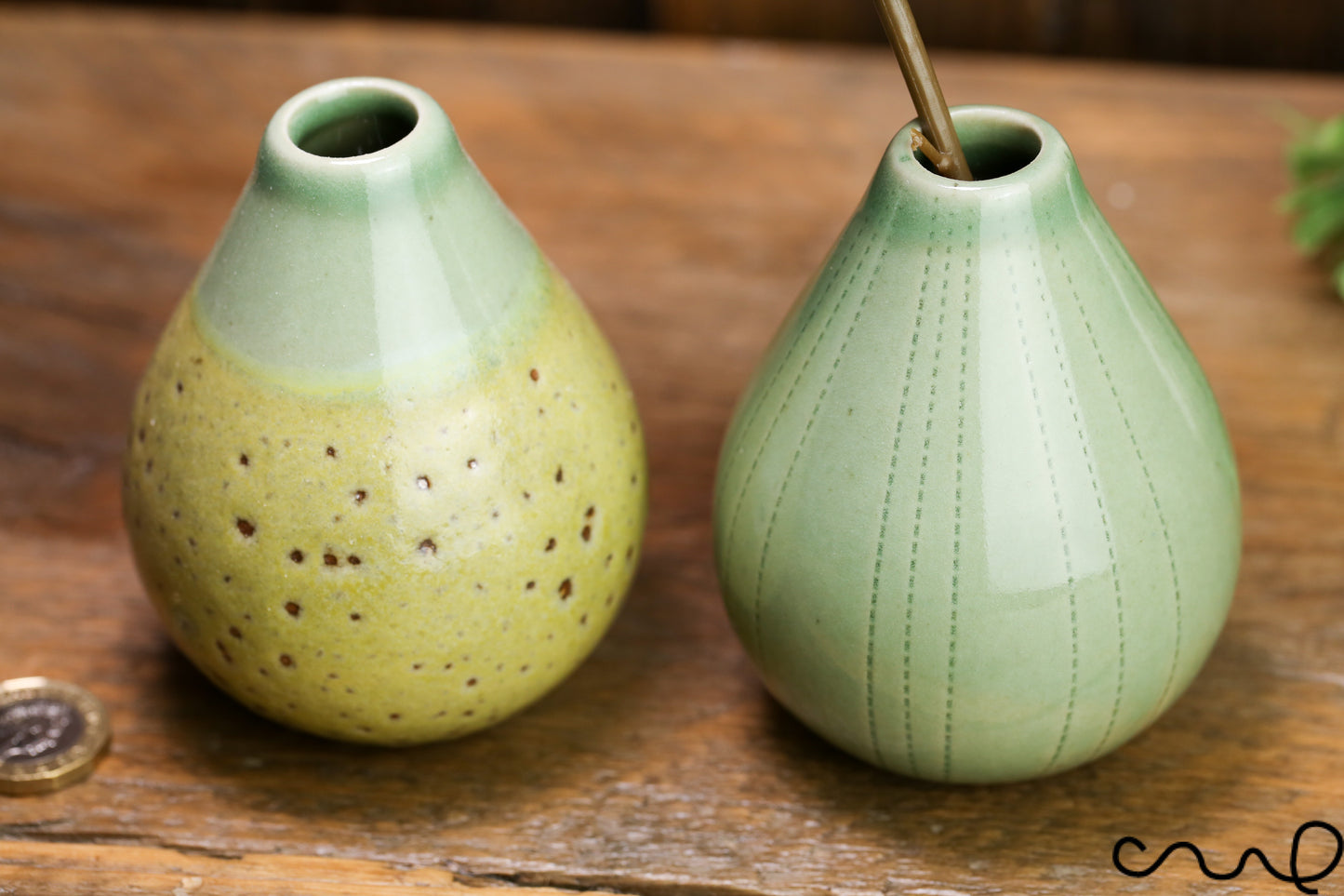 Handmade Green Ceramic Bud Vases - Set of 2 - Spotty & Patterned