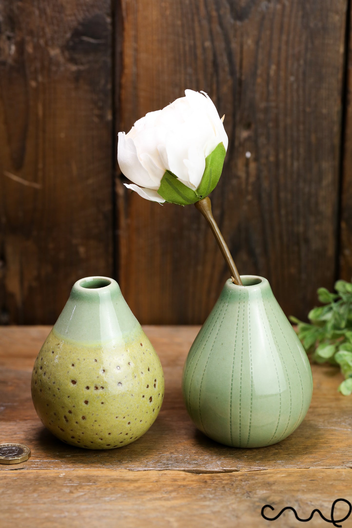 Handmade Green Ceramic Bud Vases - Set of 2 - Spotty & Patterned