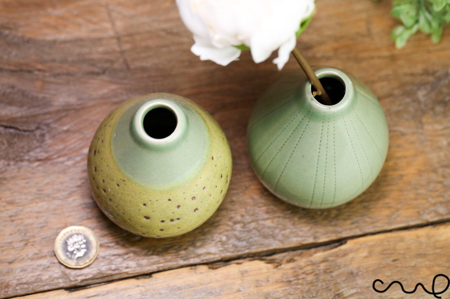 Handmade Green Ceramic Bud Vases - Set of 2 - Spotty & Patterned