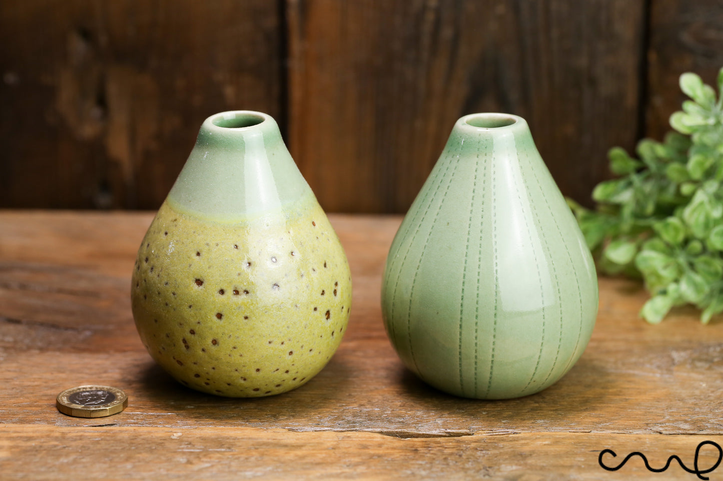 Handmade Green Ceramic Bud Vases - Set of 2 - Spotty & Patterned