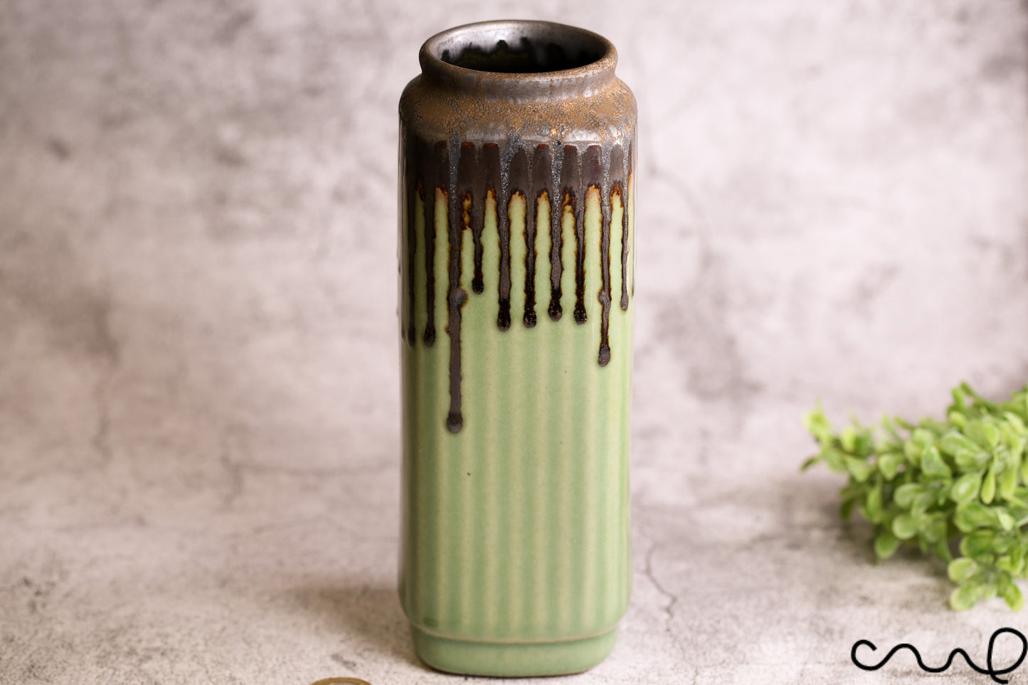 Green Ceramic Vase: Hand-Painted Square Oblong Home Decor
