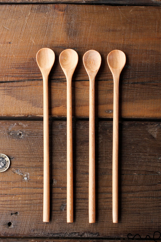 Set of 4 Handcrafted Wooden Spoons Round Headed Long Teaspoons 22cm Coffee Serving Unique