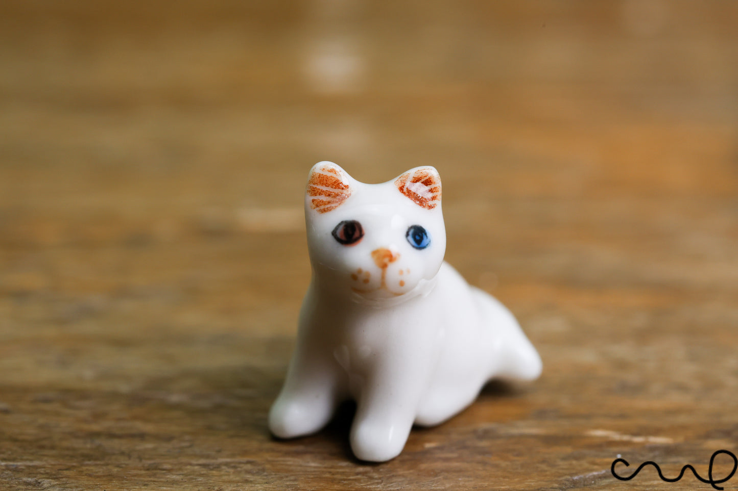 Handmade Ceramic Cat Figurine: Tiny Odd-Eyed White Ornament