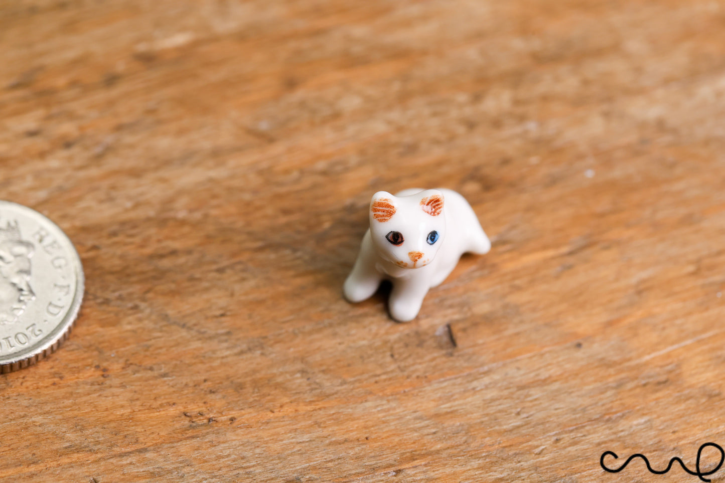 Handmade Ceramic Cat Figurine: Tiny Odd-Eyed White Ornament