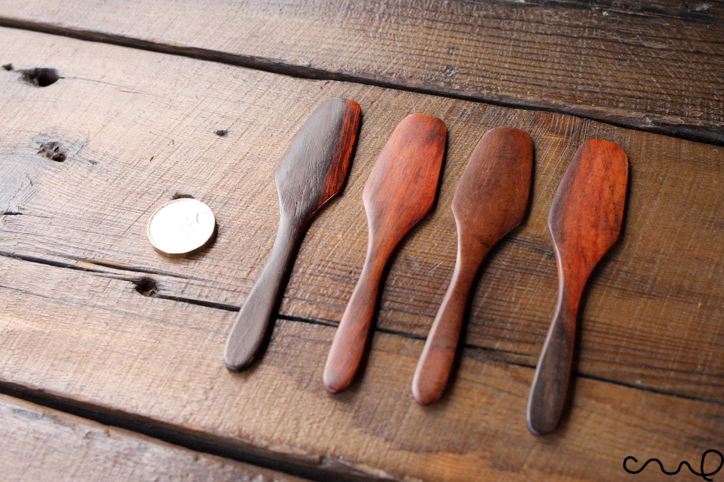 Set of 4 Handmade Wooden Butter Spreaders: Red Brown Timber
