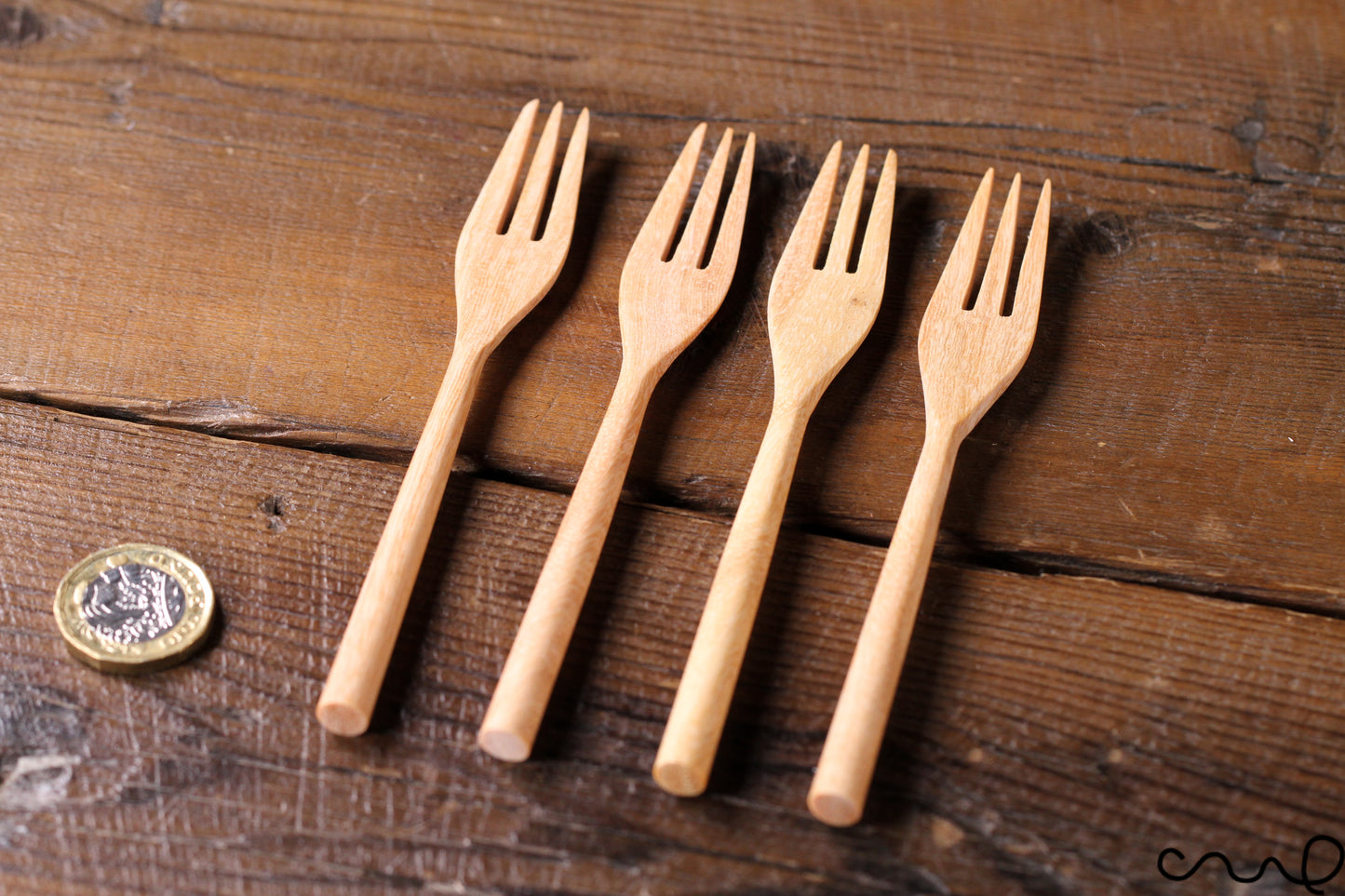 Set of 4 Handmade Wooden Dessert Forks: Eco-Friendly Rustic Tableware