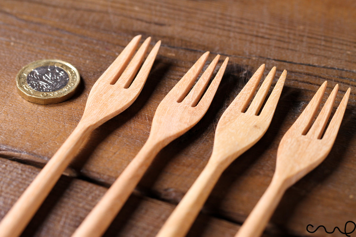Set of 4 Handmade Wooden Dessert Forks: Eco-Friendly Rustic Tableware