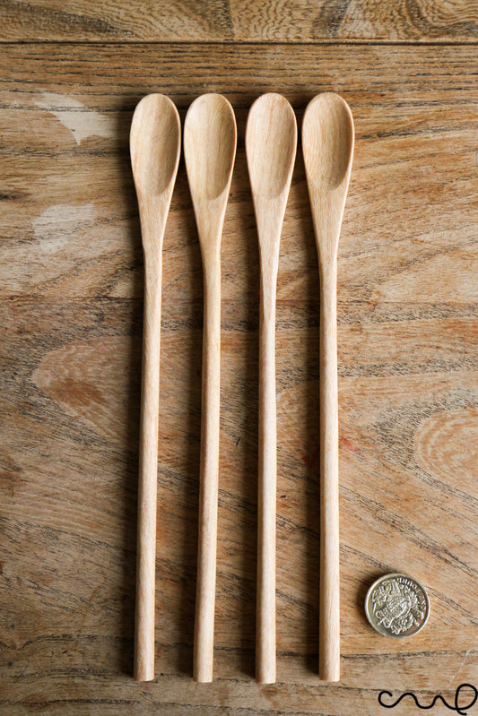 Set of 4 Handmade Wooden Spoons Long Oval Teaspoon 21cm Serving Utensil Coffee Gift