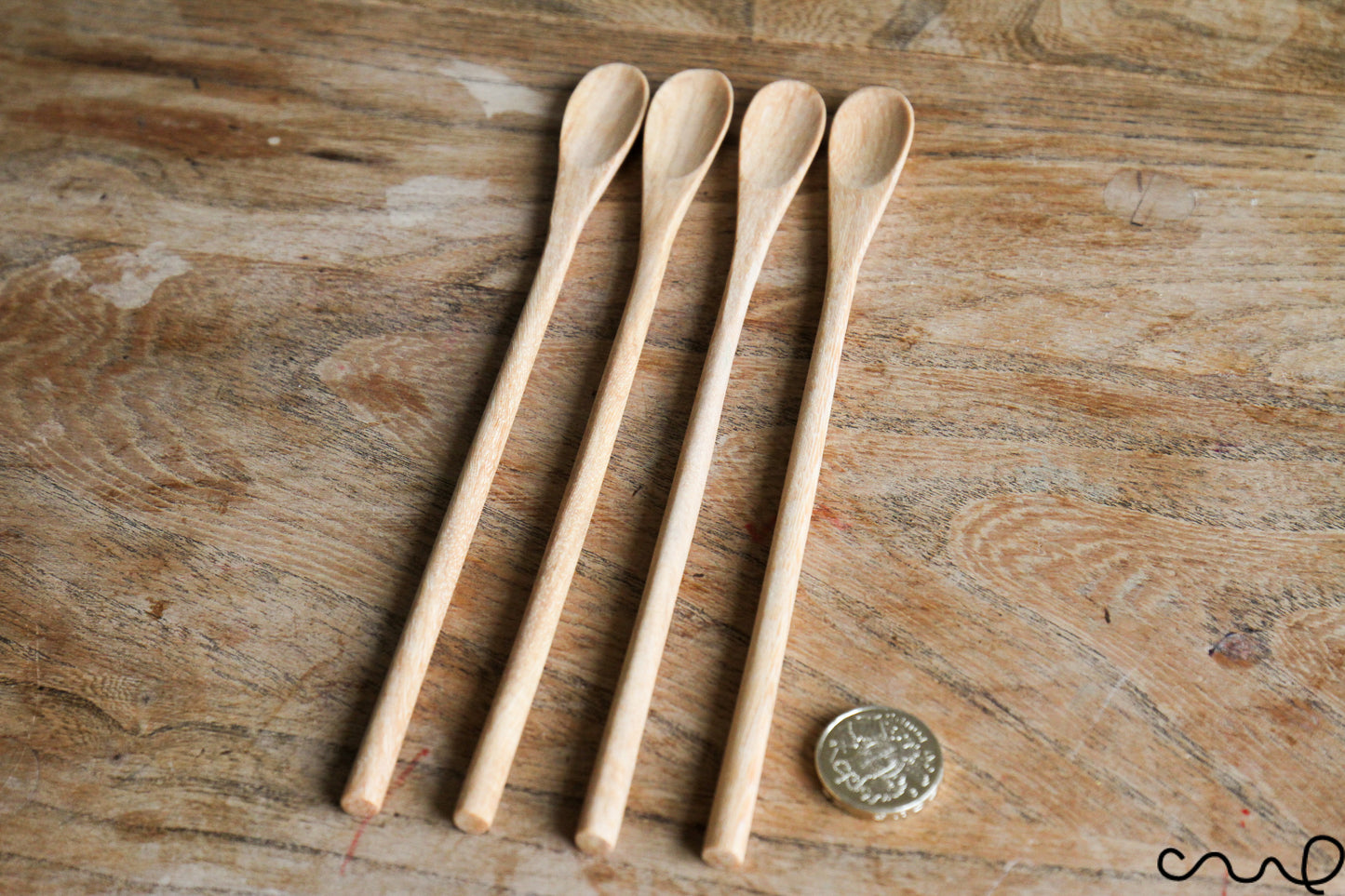 Set of 4 Handmade Wooden Spoons Long Oval Teaspoon 21cm Serving Utensil Coffee Gift