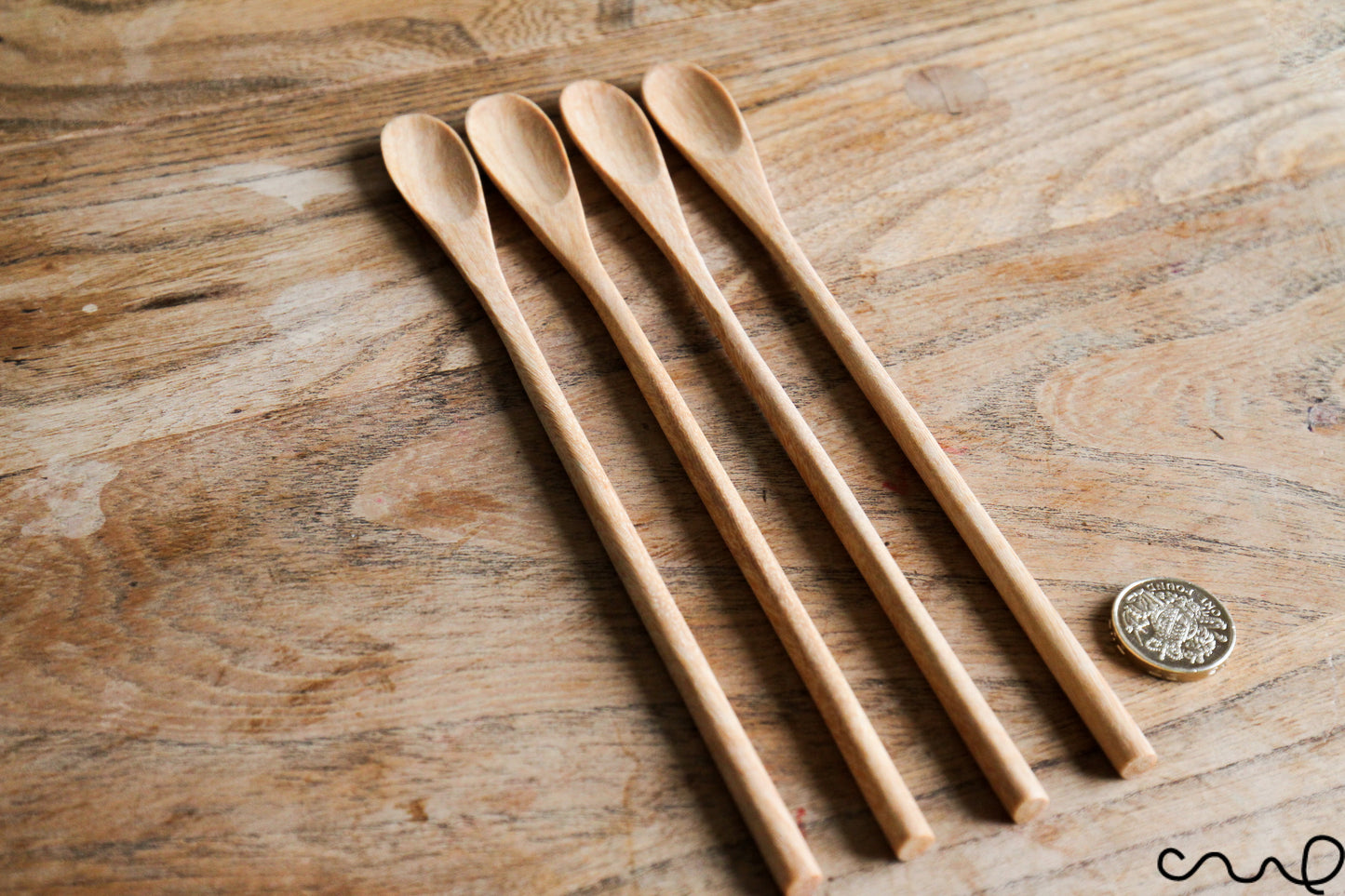 Set of 4 Handmade Wooden Spoons Long Oval Teaspoon 21cm Serving Utensil Coffee Gift